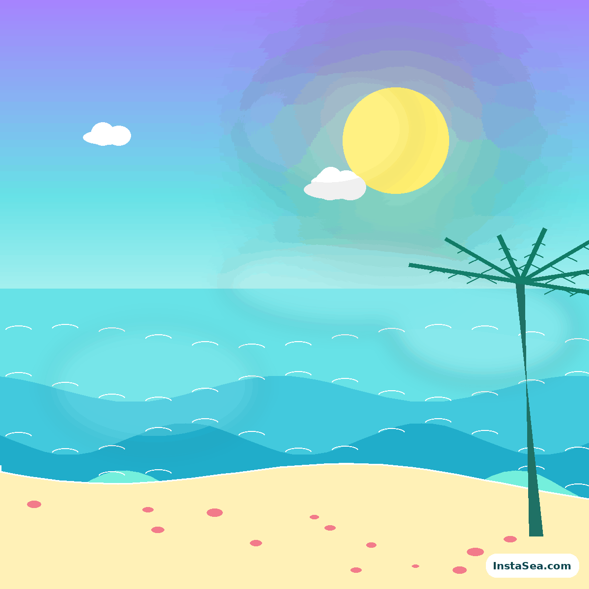 Coral sunset beach artwork with violet sky