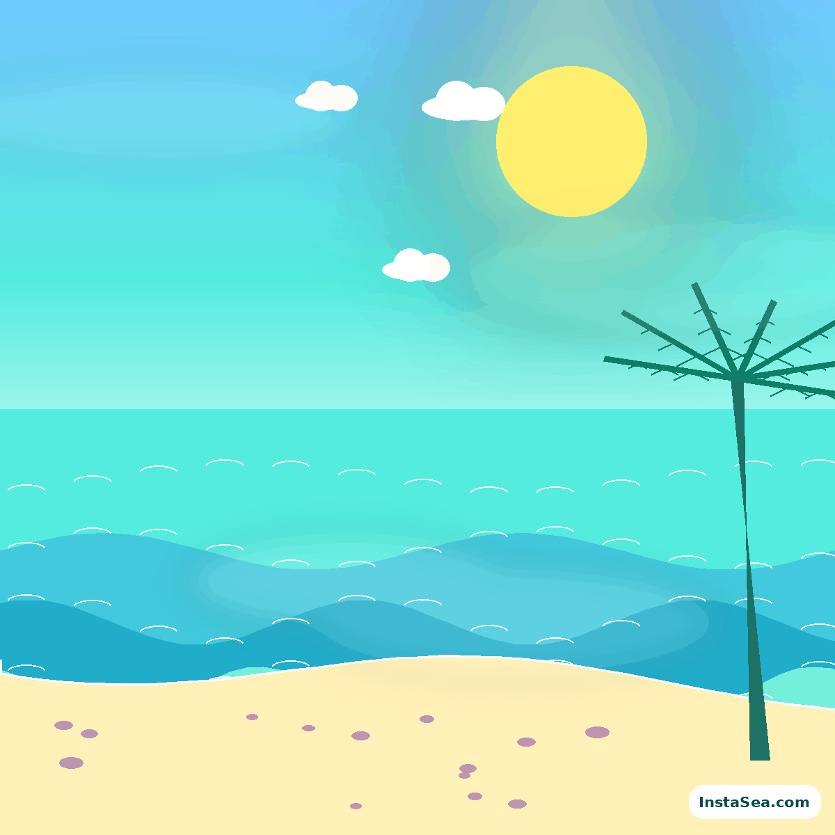 Graphic turquoise lagoon with a yellow sun and palm silhouette