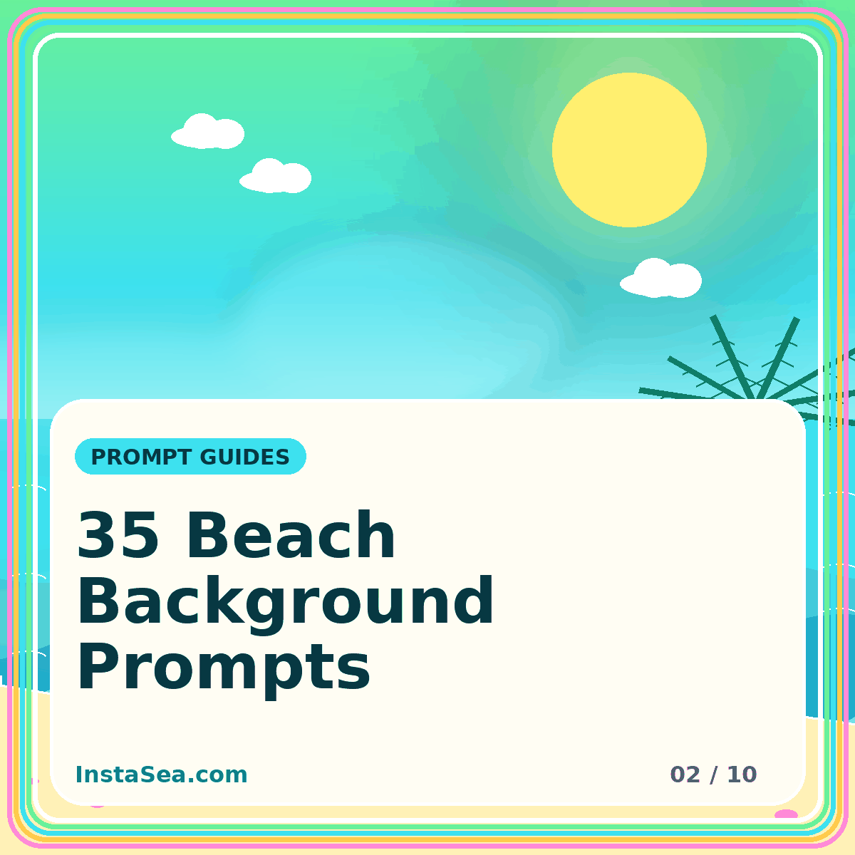 Colorful typography artwork for 35 Beach Background Prompts